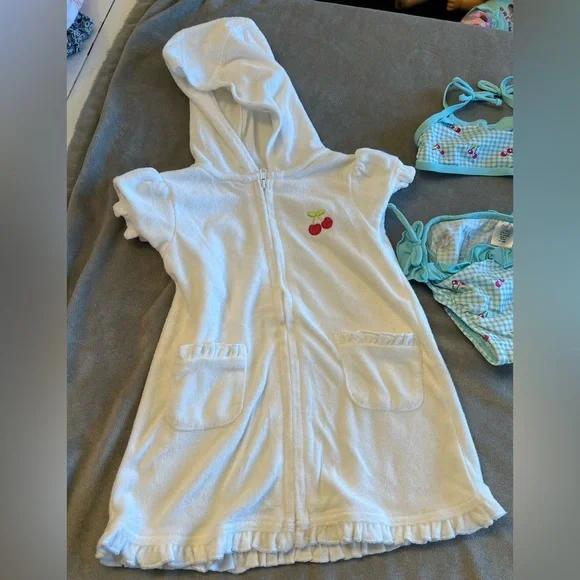 12 month girls swimsuit 2 piece lot with pool terry cover up cherry flowers - Picture 3 of 7